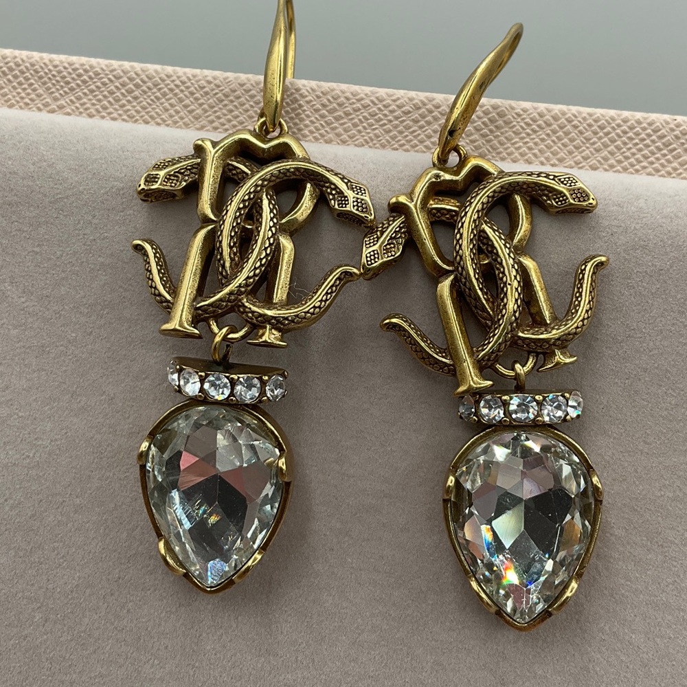 Roberto Cavalli Gold and Silver Snake Drop Earrings